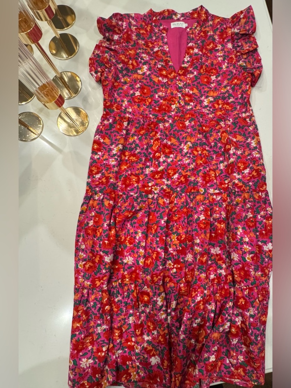 Vibrant Pink Floral Ruffle Sleeve Tiered Day Dress NWOT